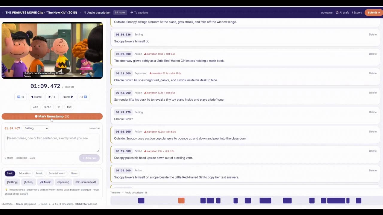 The Beff editing studio, with a video, a timestamp button and a list of timed description cues.