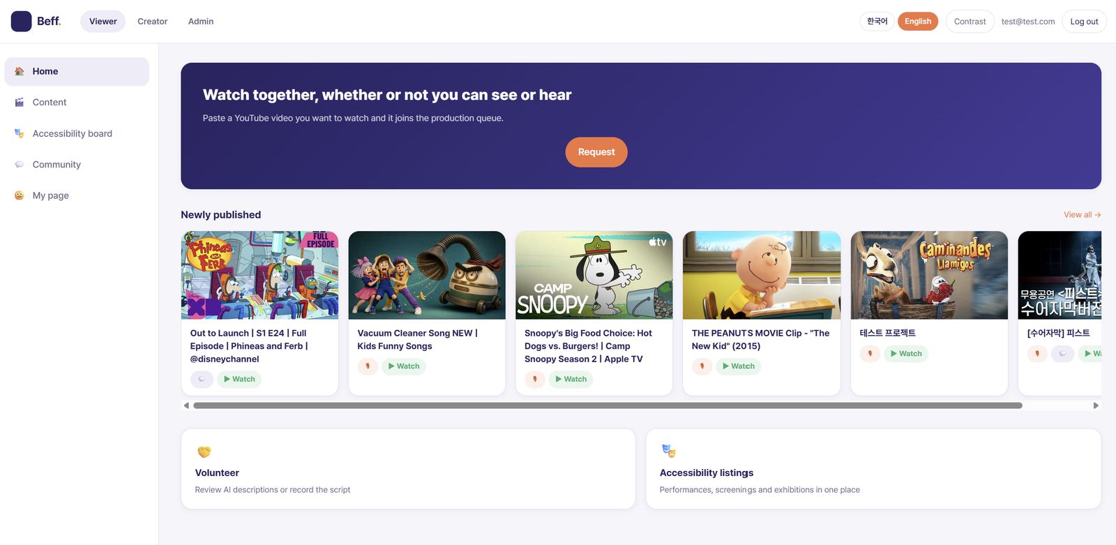 The Beff home screen with a Request button, newly published videos, and links to volunteering and accessibility listings.