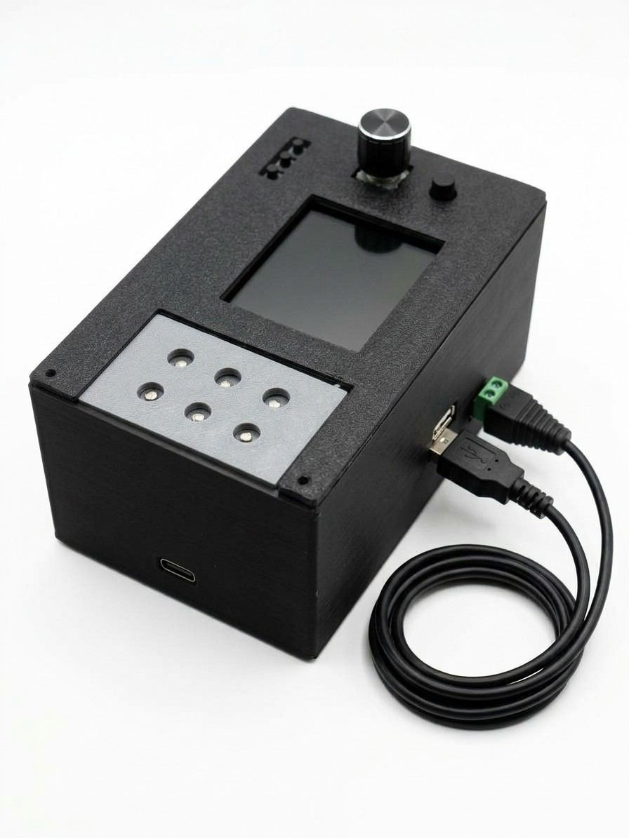 The finished black CineSense device with a USB cable