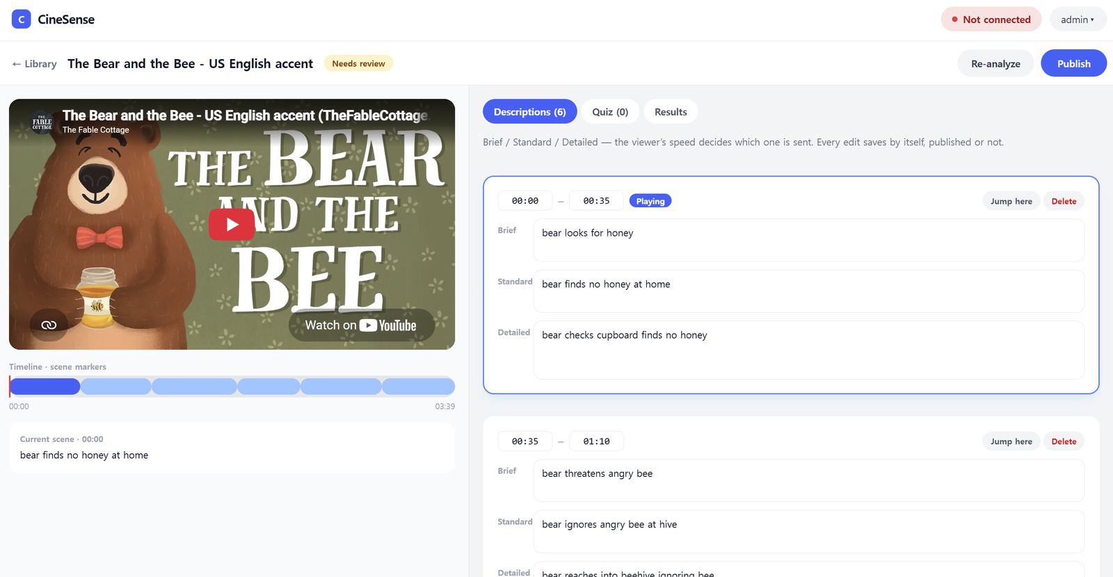 The CineSense editor, where each scene has brief, standard and detailed descriptions and a Publish button.