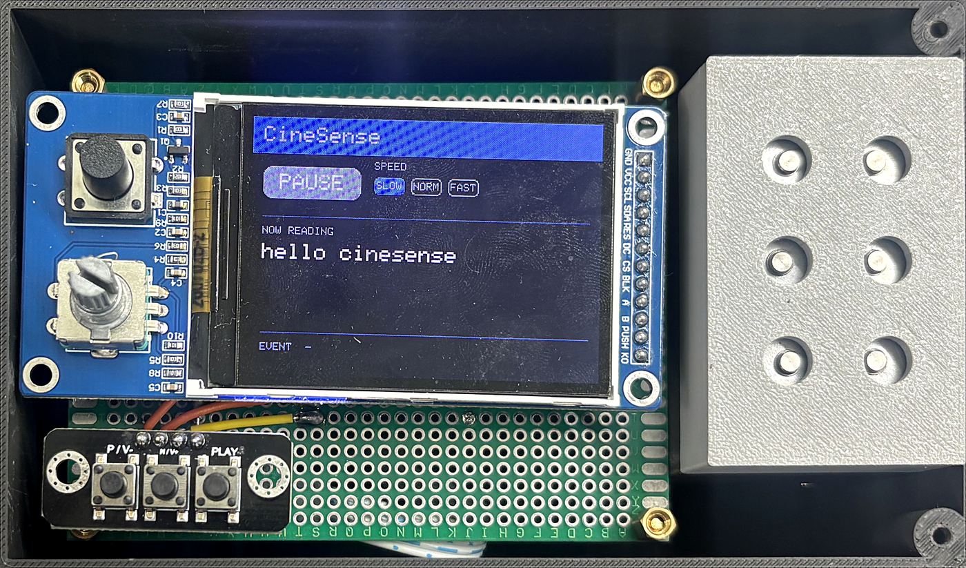 Inside the housing: status screen, dial, three buttons and the braille cell block